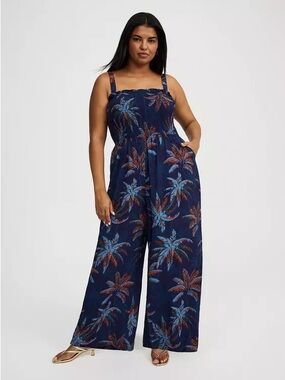 NWT Torrid Tropical Palm Print Smocked Wide Leg Jumpsuit w/ Pockets Plus 3 22/24